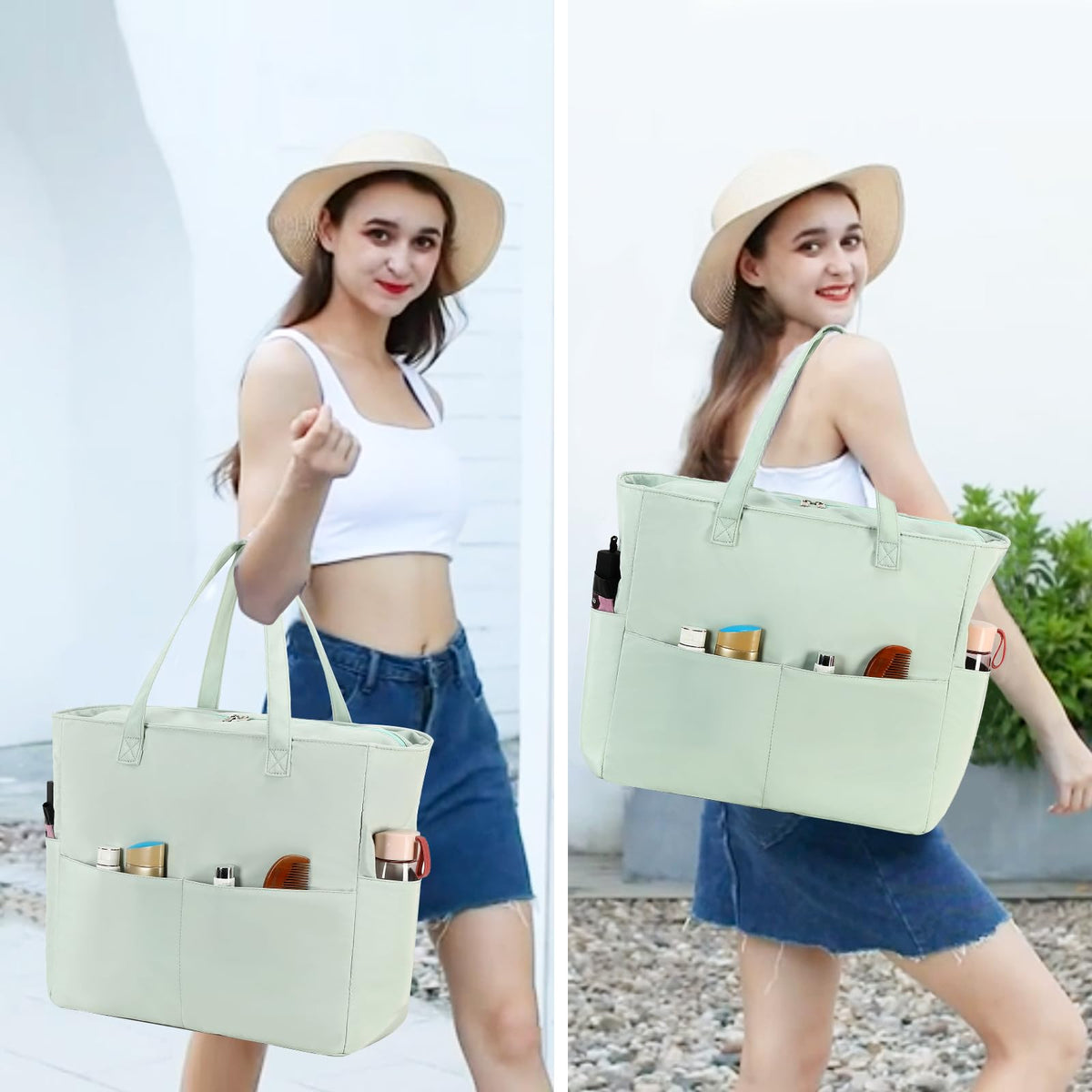 Waterproof Beach Tote Pool Bags for Women Ladies Extra Large Gym Tote Carry On Bag With Wet Compartment for Weekender Travel (Light green)