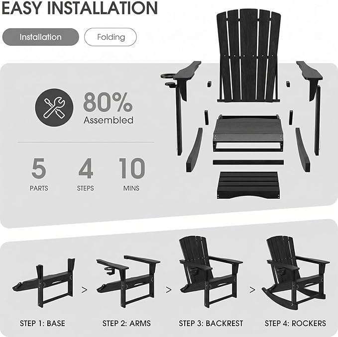 Adirondack Rocking Chair with Retractable Ottoman, Outdoor Folding Adirondack