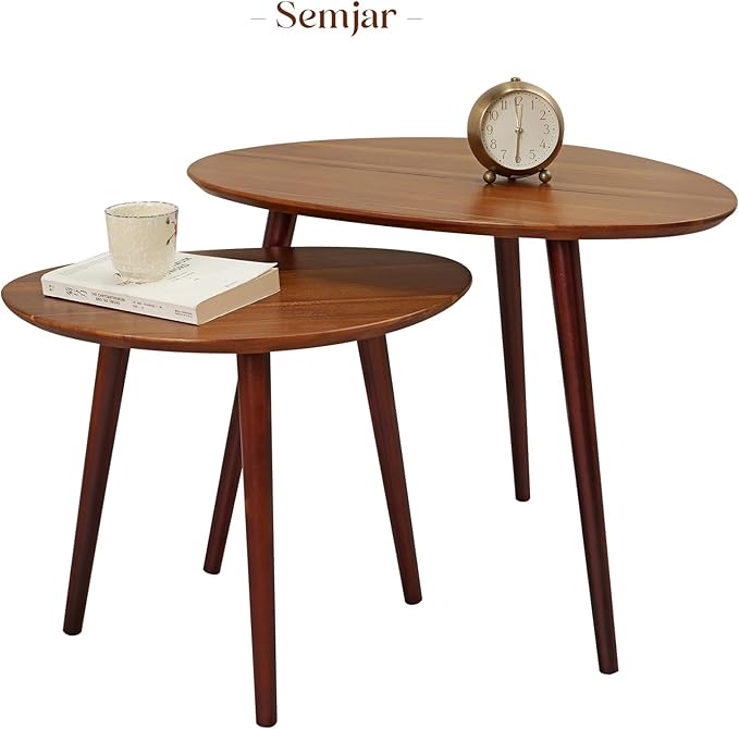 Small Oval Coffee Tables Set, Acacia Wood Nesting Tables(25.6"x17.7"+17.7"x13.4"