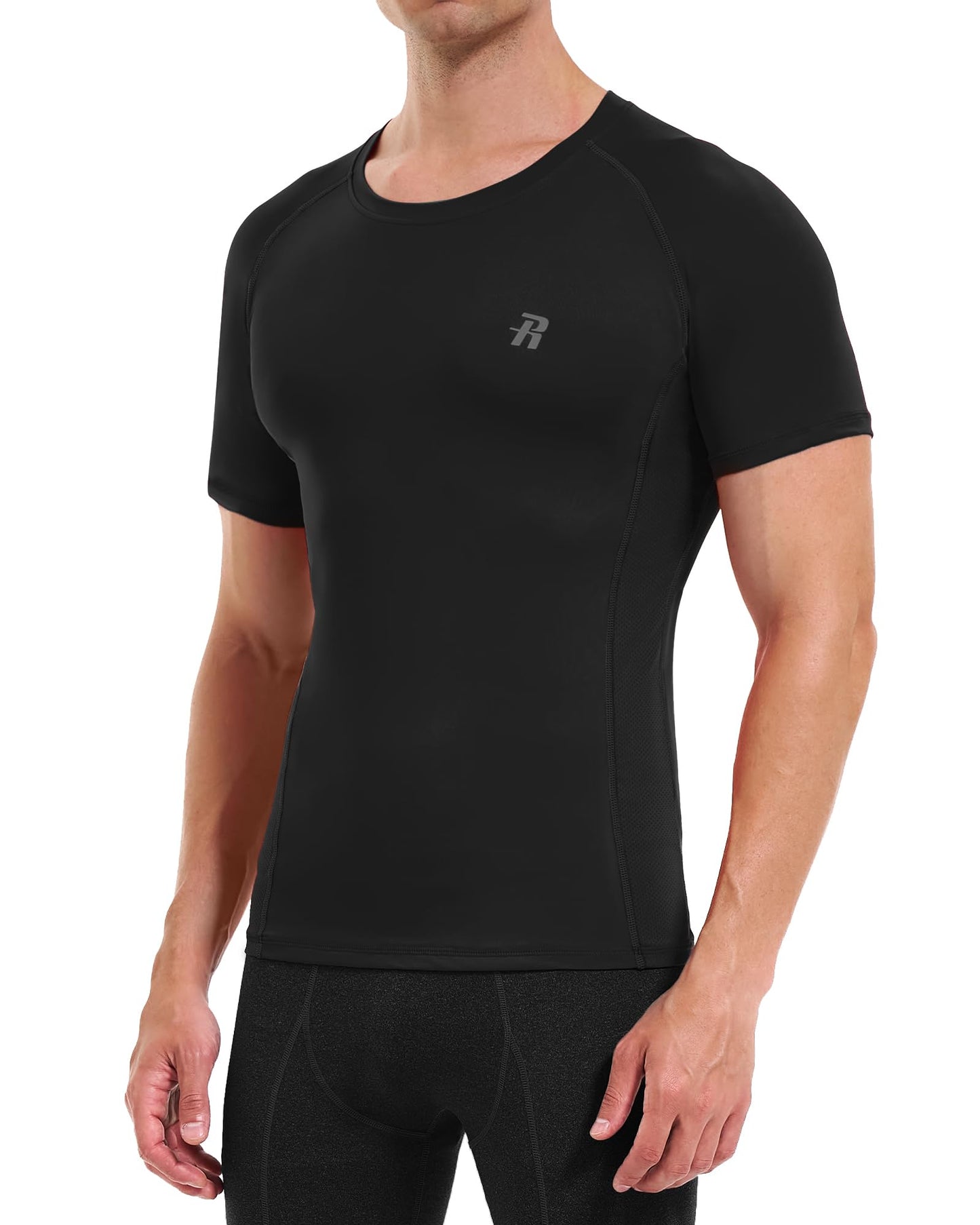 Runhit Mens Compression Shirt Short Sleeve Black Compression Shirt Men Quick Dry Cool T-Shirt Sports Workout Base Layer L