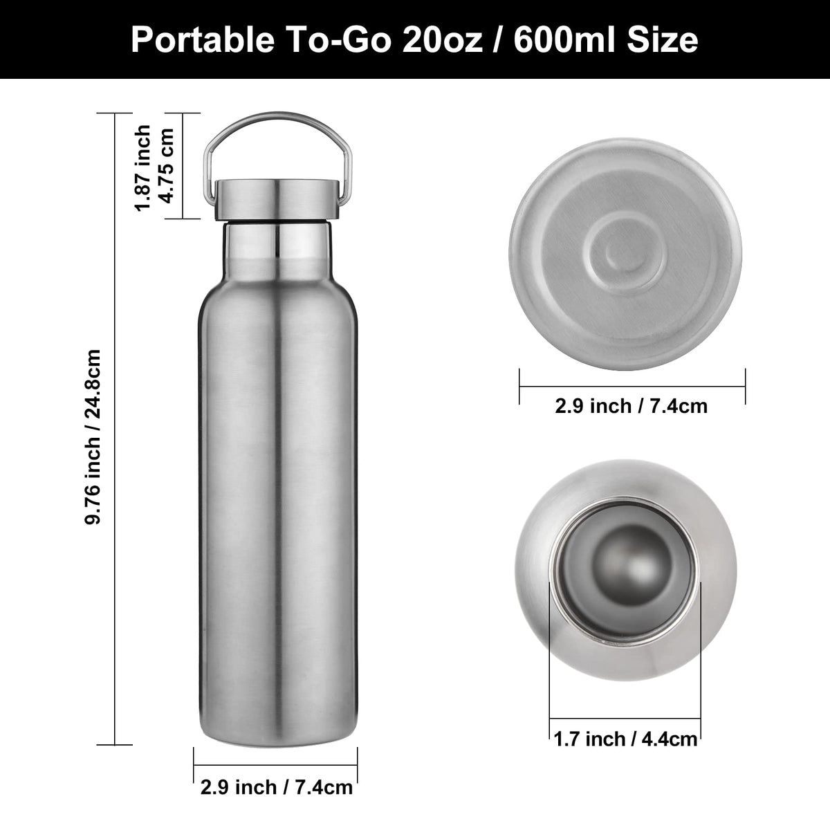 Neihepal 20 oz Insulated Water Bottles Bulk 2 Pack,Stainless Steel Double Wall Sport Bottle with Lid of Handle,Metal Reusable Thermoses Flask with Cup Cap for School,Cyclists,Gift (Silver,Set of 2)