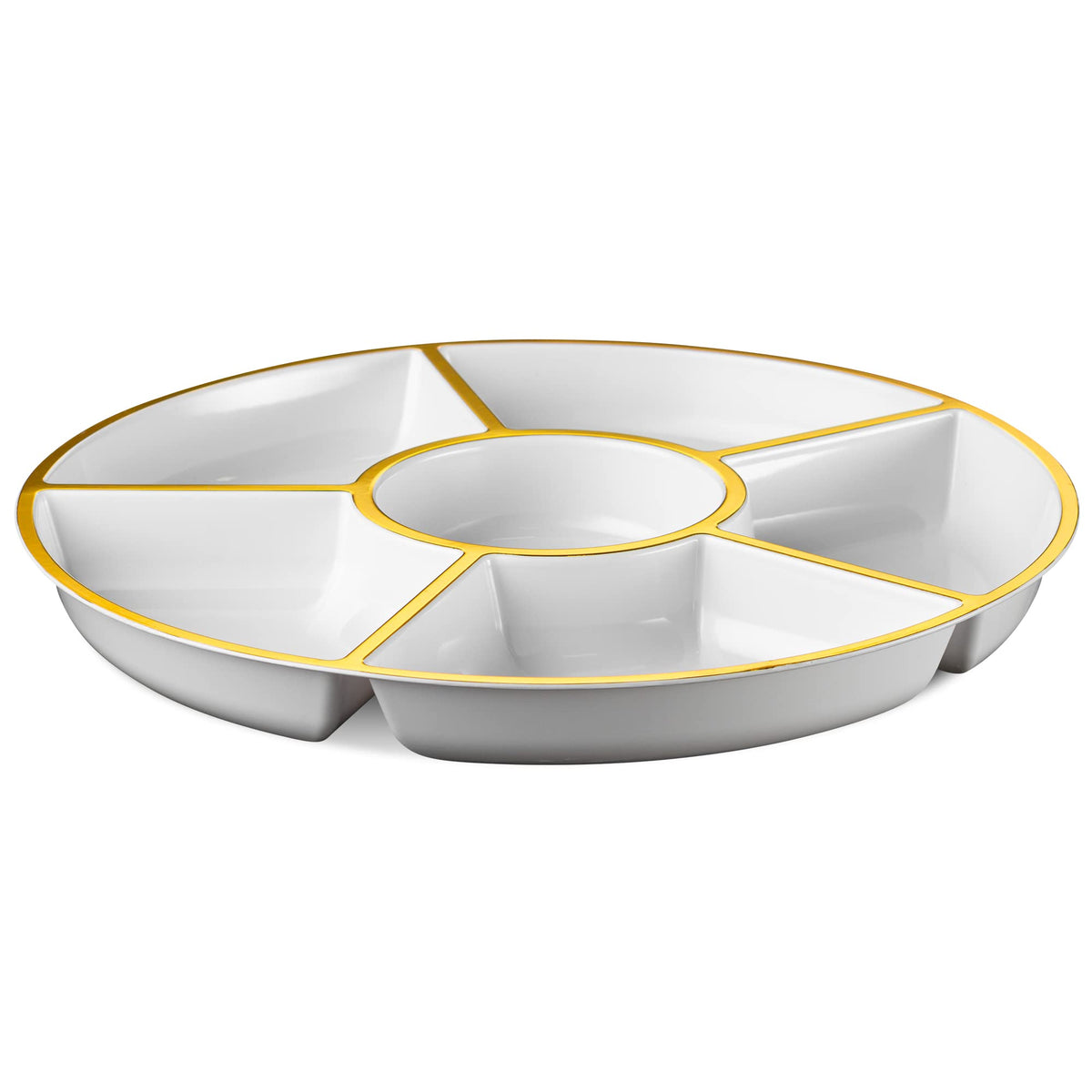 Plasticpro 6 Sectional Round Plastic Serving Tray/Platter (2, White & Gold)