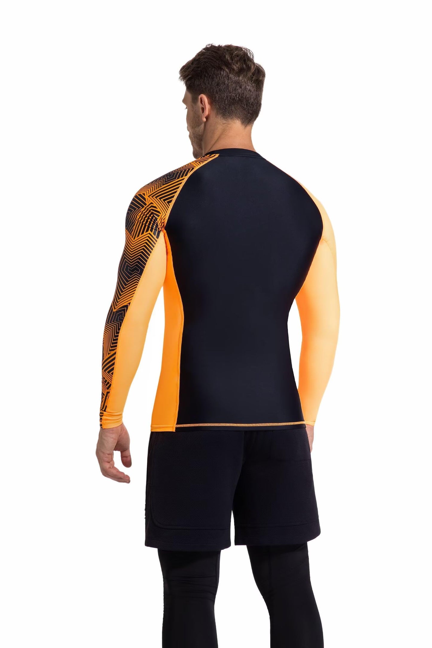 USKOY Men's Rash Guard Long Sleeve UPF 50+ Base Layer Skins Compression Shirt Performance Fit Black Orange X-Large