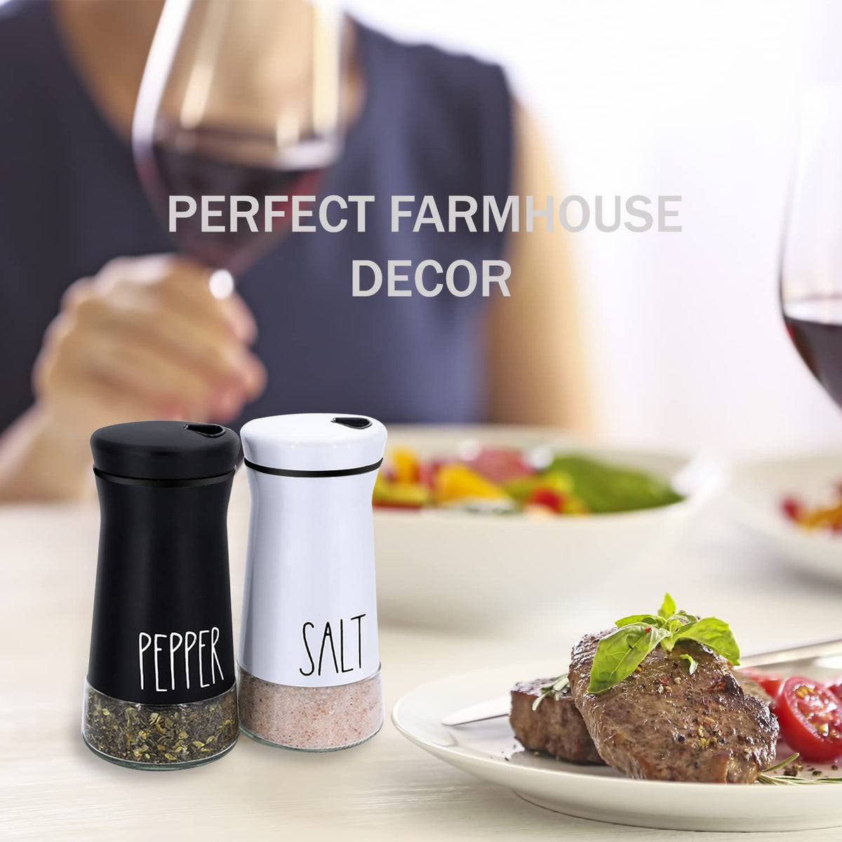 Farmhouse Salt and Pepper Shakers with Adjustable Pour Holes, Refillable Salt Shaker by Aelga, Ideal for Himalayan, Kosher, Black and White Pepper