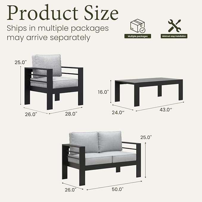 LayinSun Outdoor Aluminum Furniture Set, 4 Pieces Patio Sectional Conversation