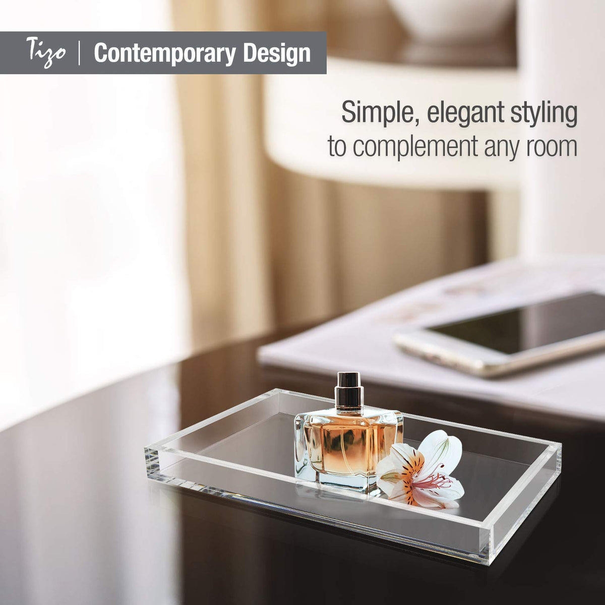 Tizo Design Elegant Lucite Tray, 12" x 8" Acrylic, Multiple Colors Available (Clear)