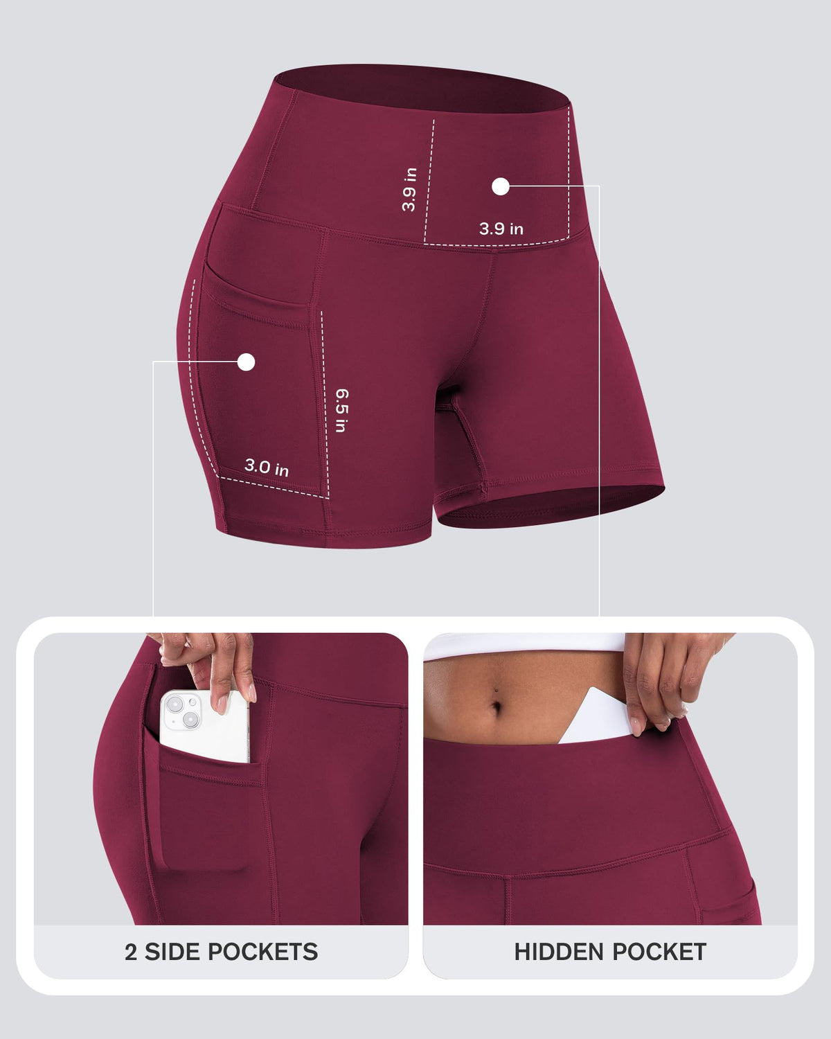 CHRLEISURE Womens Biker Yoga Shorts with Pockets: High Waisted Tummy Control Spandex Workout Athletic Gym Shorts 4 Packs(5'' Black,Gray,Navy,Wine, M)