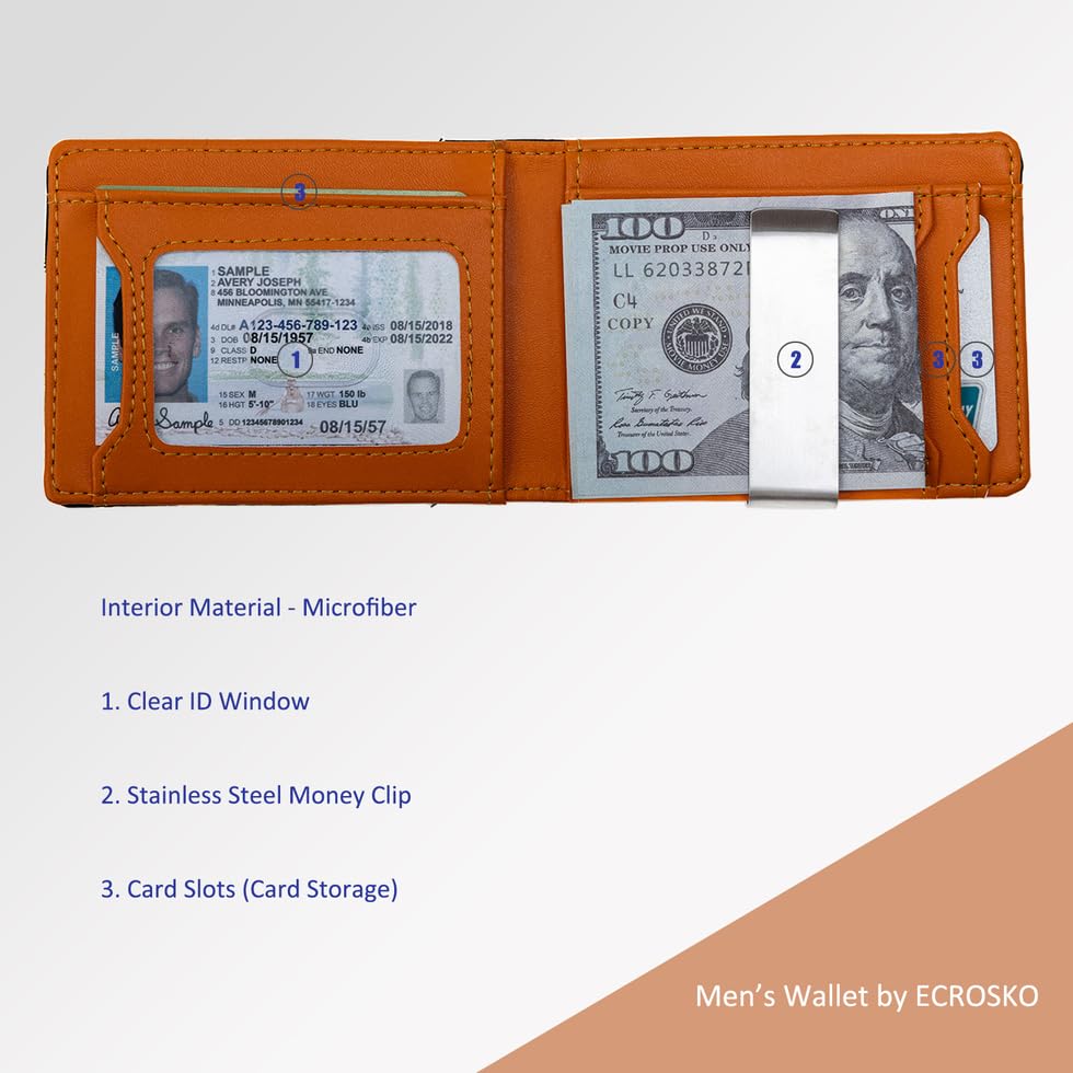 ECROSKO Mens Slim Wallet - Minimalist Front Pocket Bifold Top-Grain Leather Wallets with Money Clip ID Window Credit Card Holders Gifts for Men