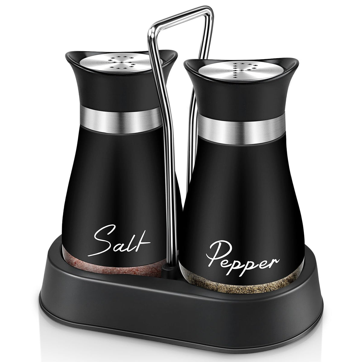 Salt and Pepper Shakers, Farmhouse Salt and Pepper Shakers Set with Holder, electroplated Handle, 4 oz Stainless Steel Glass Bottle Dispenser, for Table, RV, Camp, BBQ (Black)