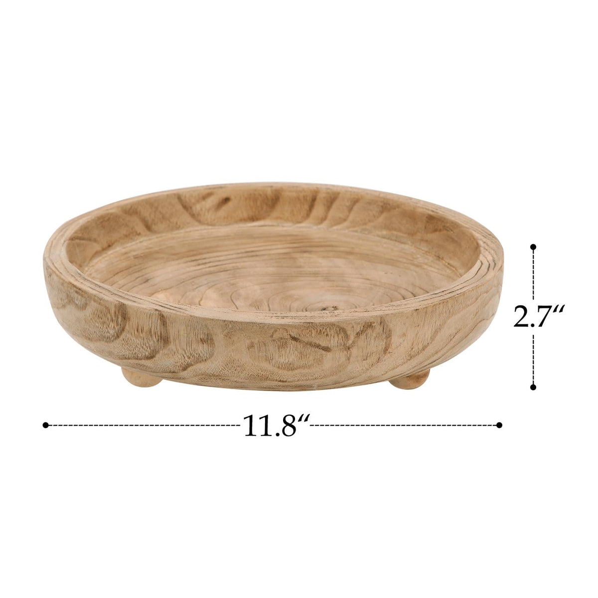 NIKKY HOME 12" Hand Carved Dough Bowls, Paulownia Wood Round Serving Bowl Decorative Wooden Tray, Natural