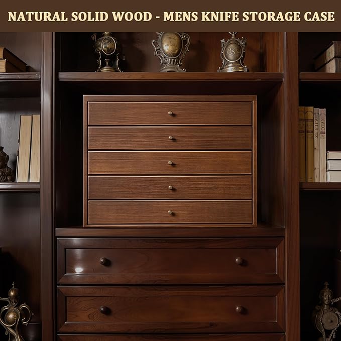 5-Tier Large Knife Display Case & Organizer, Wooden Pocket Knife Storage Box