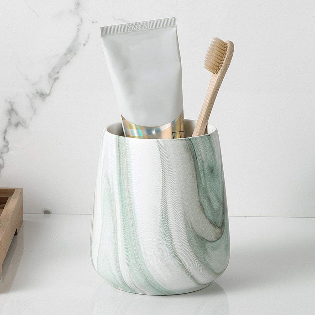 Marble Green Toothbrush Holder for Bathroom - Ceramic Tooth Brushing Holders, Toothbrush Cup, Toothpaste Organizer for Bathroom Countertop, Makeup Brush Holder, Pen Holder for Home Desktop Storage