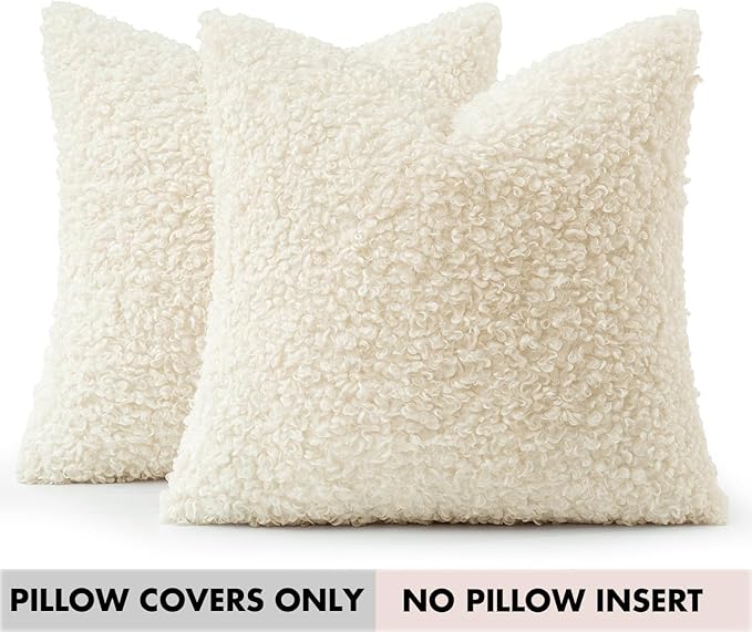 Faux Fur Throw Pillow Covers 20x20 Inch Set of 2 Boucle Neutral Decorative