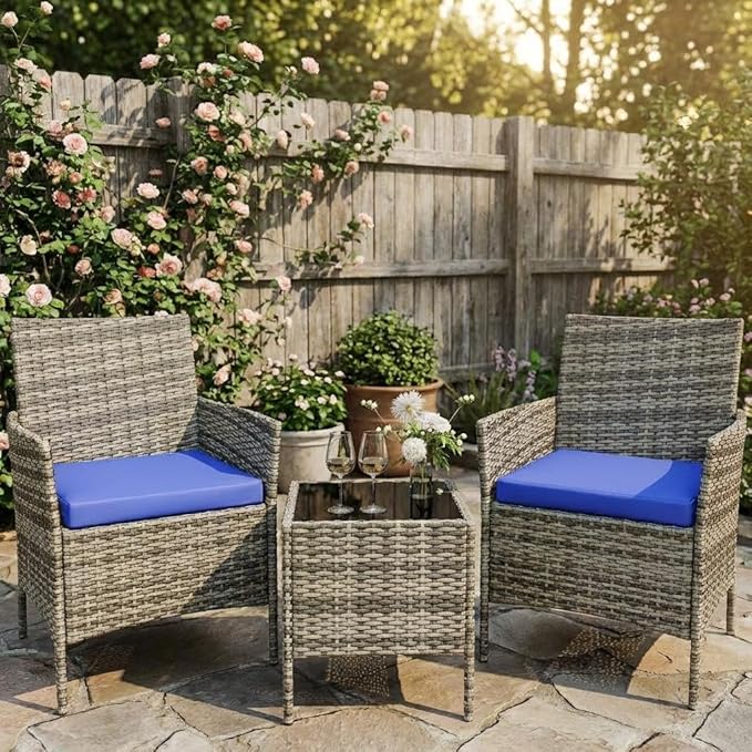 3 Piece Outdoor Patio Furniture Set, All-Weather PE Rattan Wicker Chairs