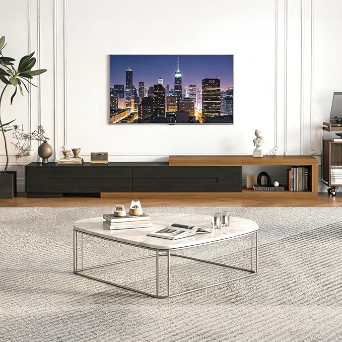 Extendable TV Stand with 2 Drawers, Long Reversible Entertainment Center with