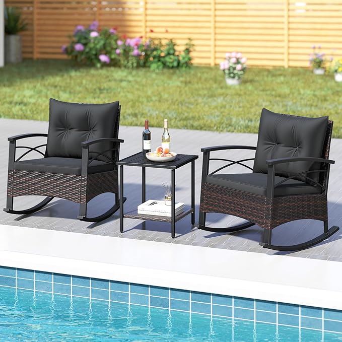 Tangkula 3 Piece Rattan Rocking Chair Set, Patio Rocker Bistro Set