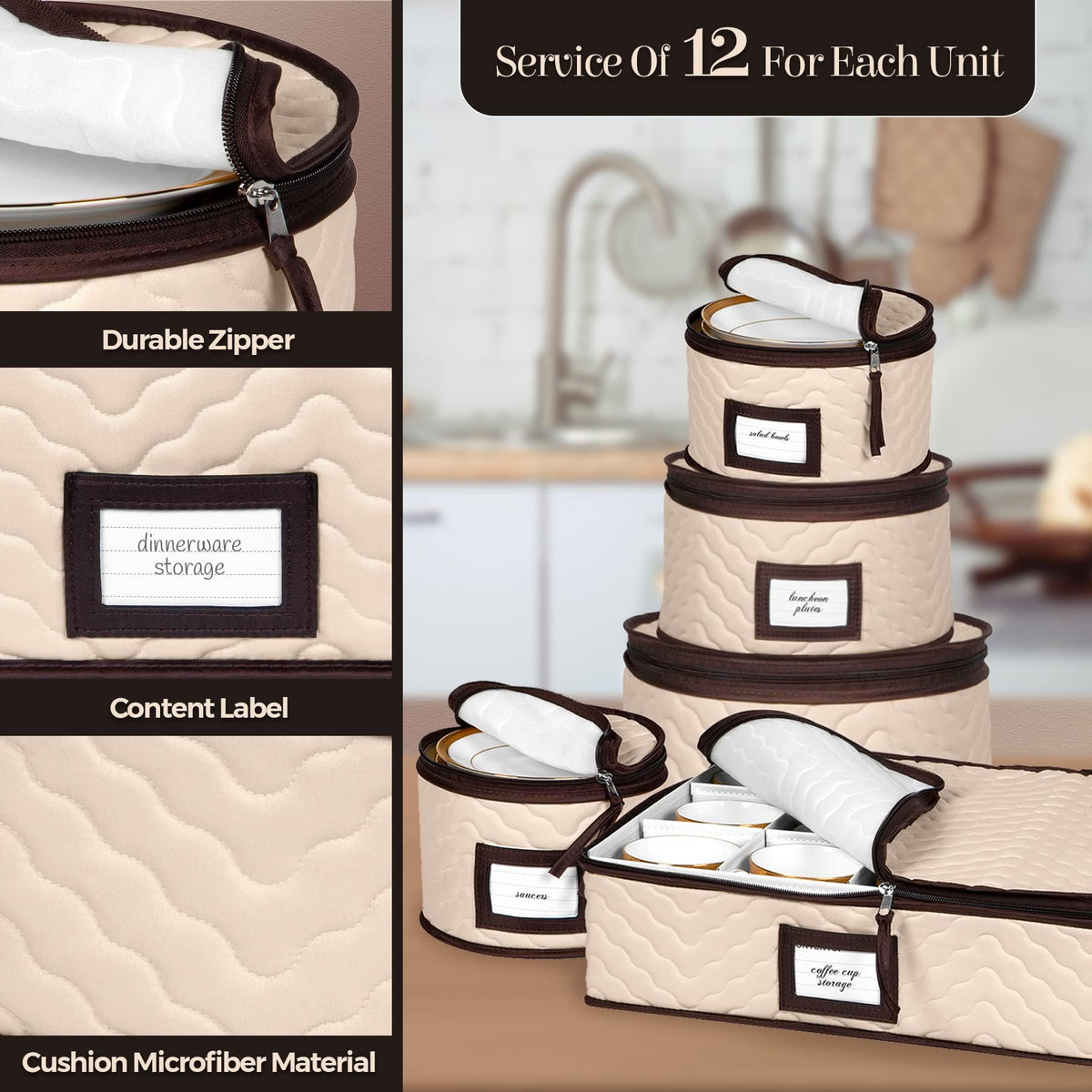 China Storage Containers 5-Piece Set Moving Boxes for Dinnerware, Glasses, Plates, Mugs and Saucers Sturdy Quilted Microfiber Dish Organizer with Dividers for Seasonal Storage - Holds Set of 12
