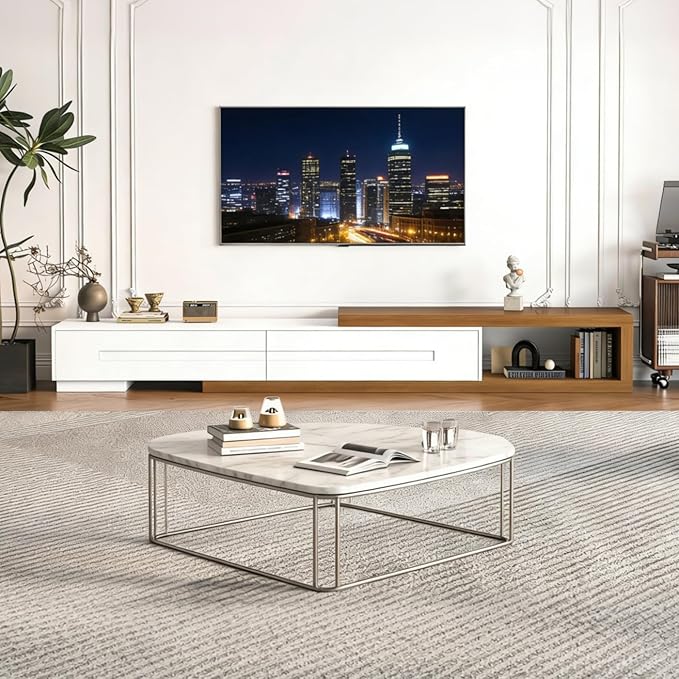 Extendable TV Stand with 2 Drawers, Long Reversible Entertainment Center with