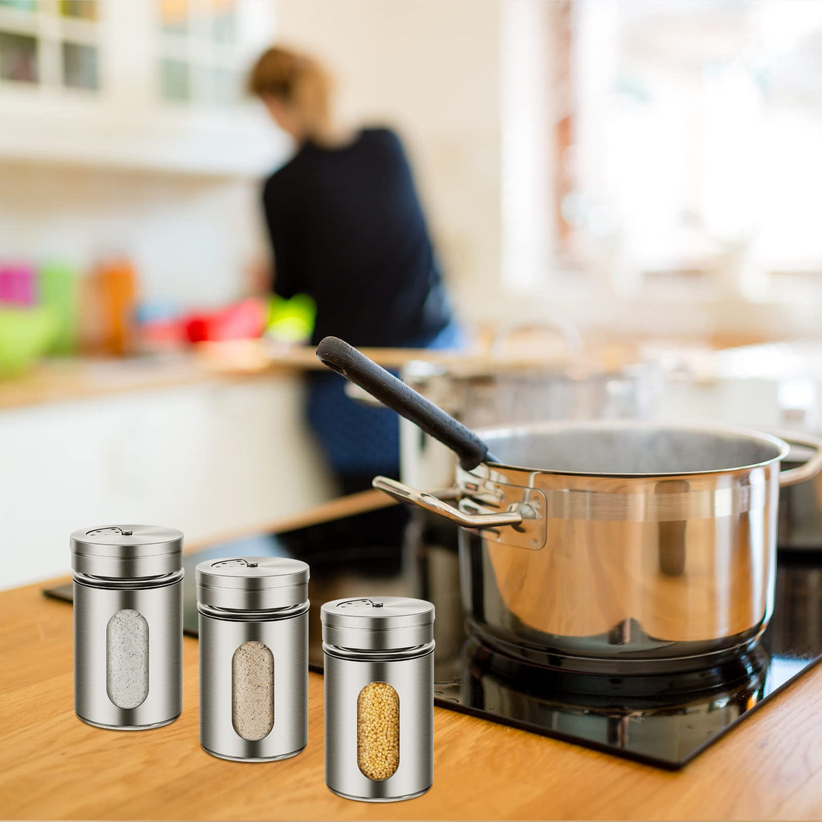 Dandat 24 Pcs Salt and Pepper Shakers Stainless Steel Spice Shakers with Adjustable Pour Holes and Glass Window 3.4oz Salt Dispenser Spice Jars with Rotating Lids for Sugar Seasoning Home