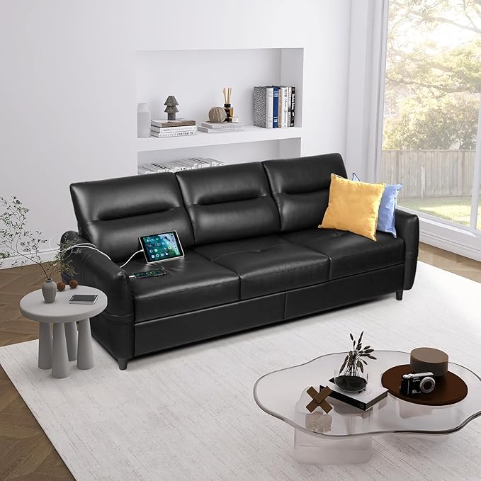 STHOUYN 85” Black Faux Leather Couch