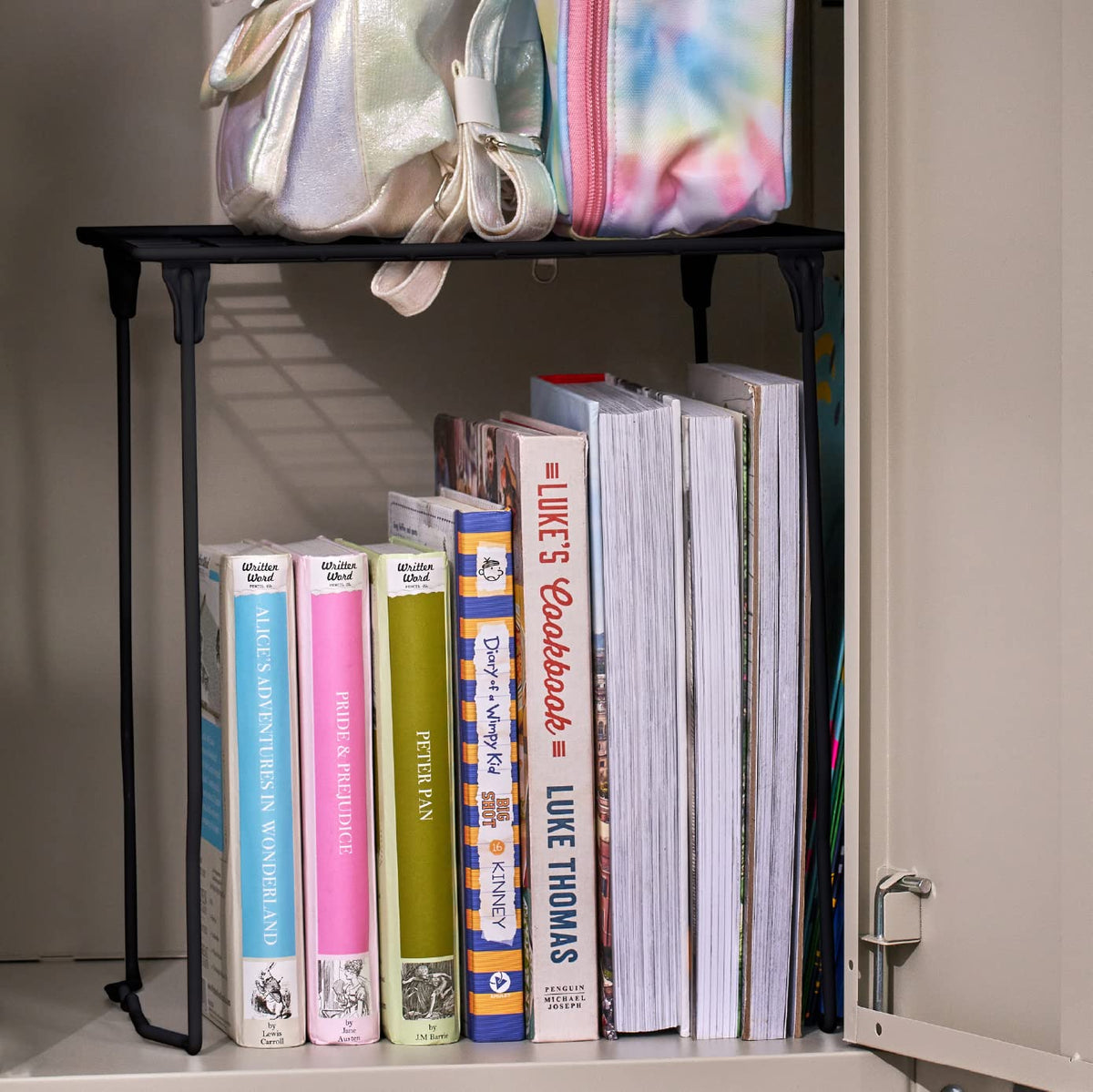 LockerMate Stac-A-Shelf Locker Organizer Shelf, Stackable, Extra Tall, Fits Standard Size School Lockers, Black