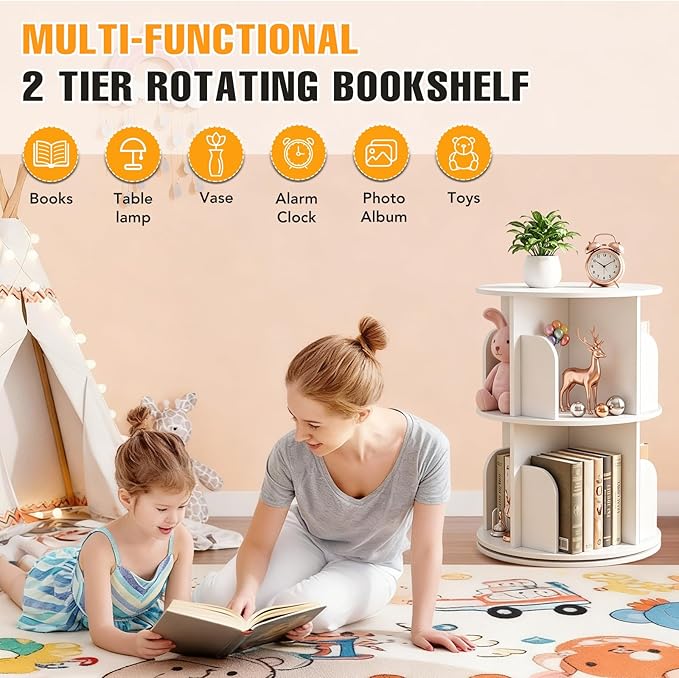 RUNSUNSPRI 2 Tier Rotating Bookshelf Tower Spinning Bookshelf Revolving