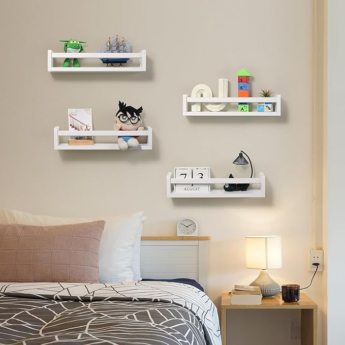 Nursery Room Shelves Set of 4, Wood Floating Book Shelves