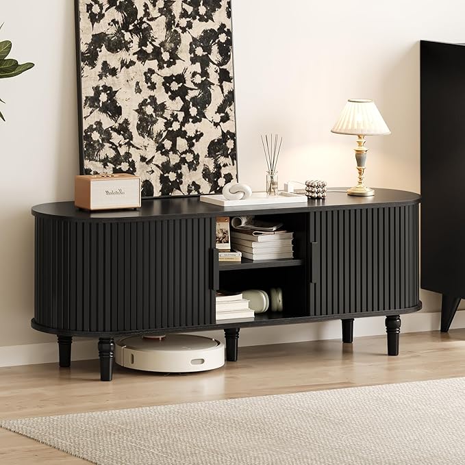 TV Console with Power Outlet-55" Entertainment Center with Sliding Tambour Door