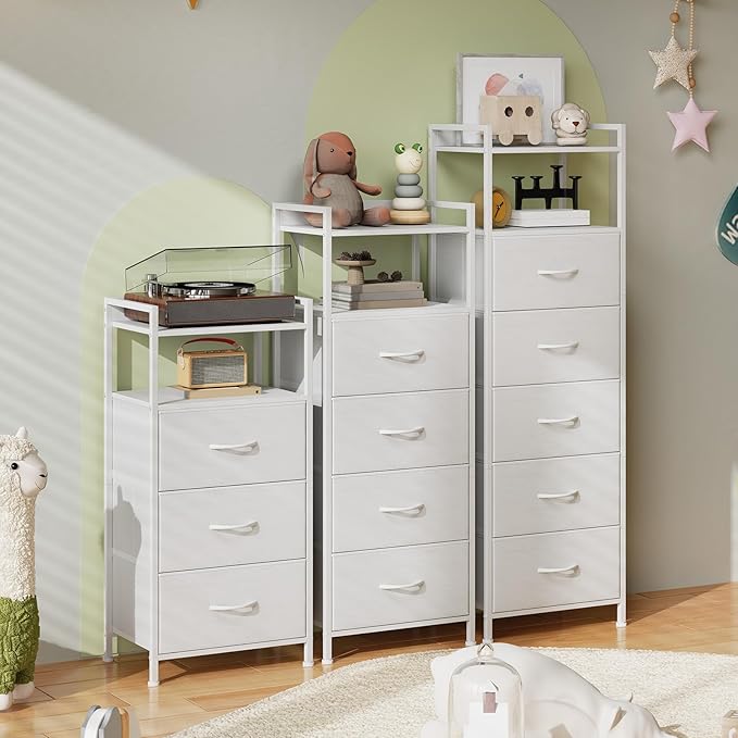 Somdot White Nightstand with 4 Drawers, Vertical Storage Tower Fabric Dresser