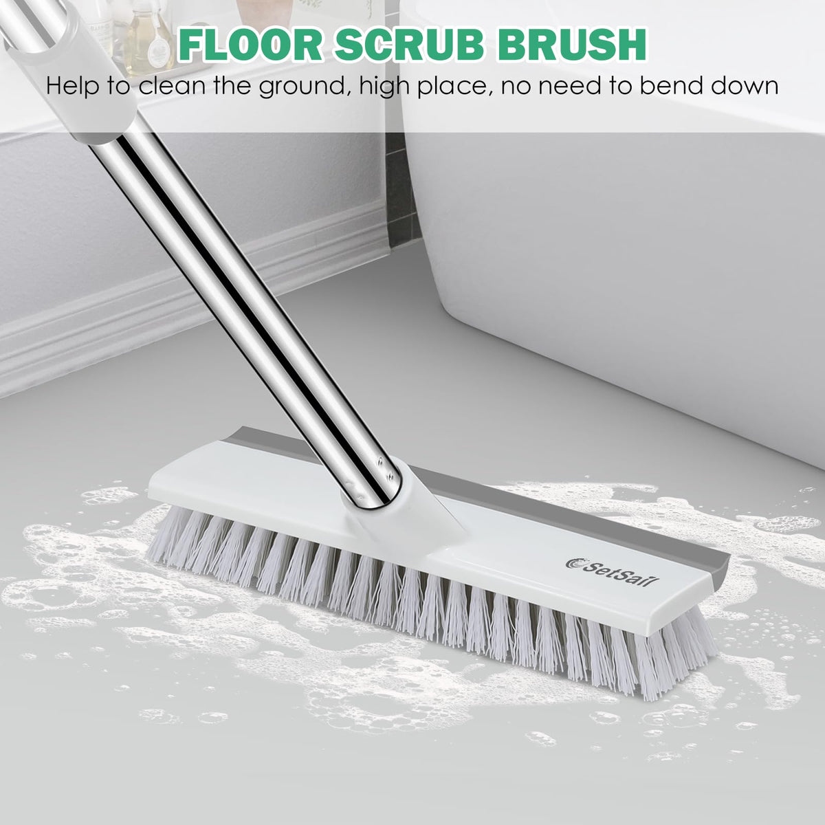 SetSail Floor Scrub Brush with 51-Inch Long Adjustable Handle 2 in 1 Scrape Brush Stiff Bristle Floor Scrubber for Cleaning Shower Bathroom Garage Kitchen Wall Deck Tub Tile