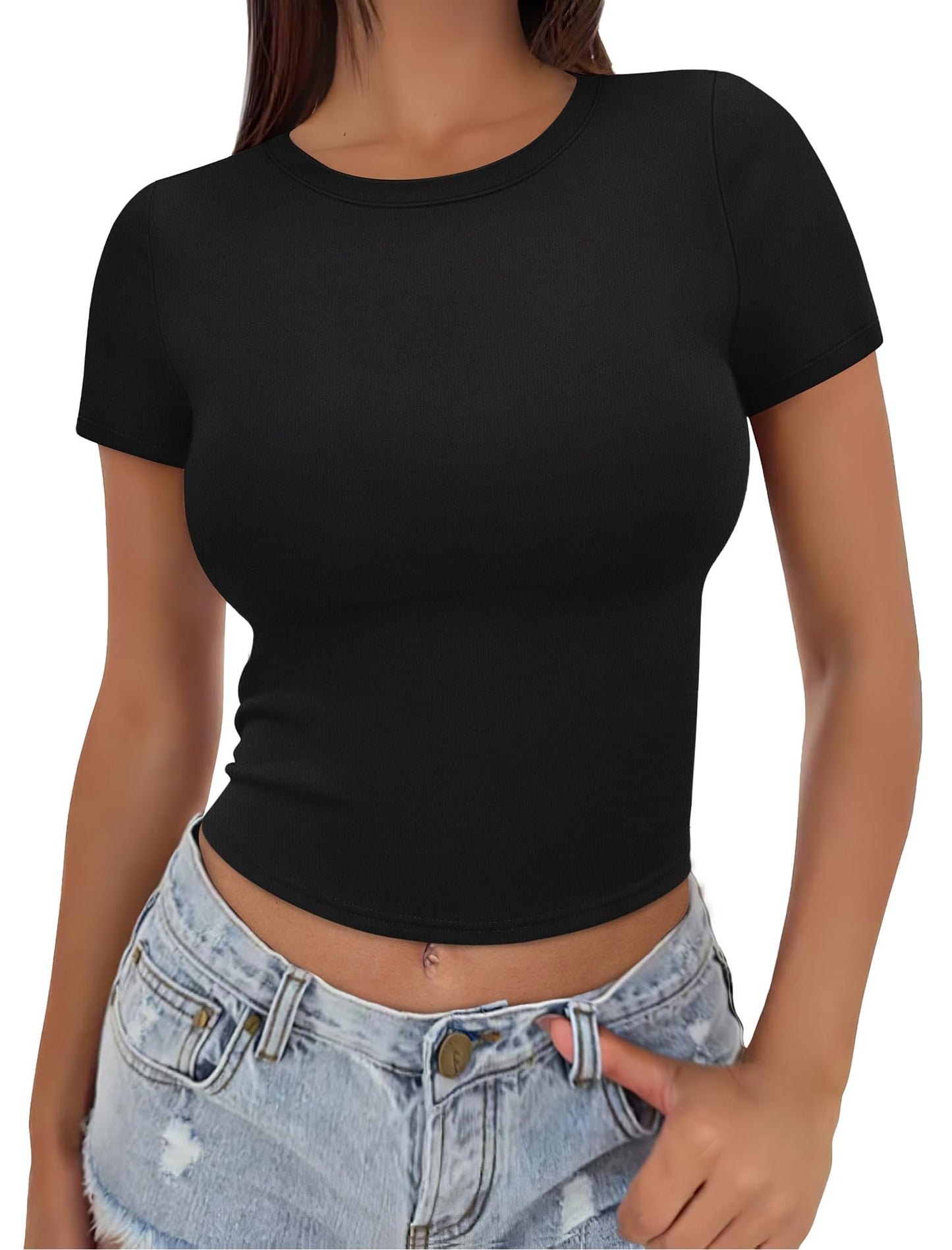 SAMPEEL Plain T Shirts for Women Compression Shirts Slim Fit Basic Tops Black 2XL
