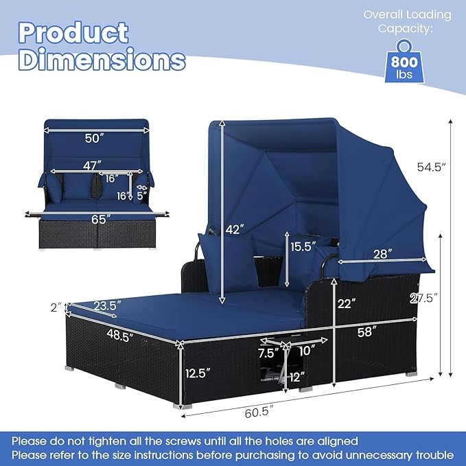 COSTWAY Outdoor Daybed with Retractable Canopy, Wicker Patio Furniture Set with