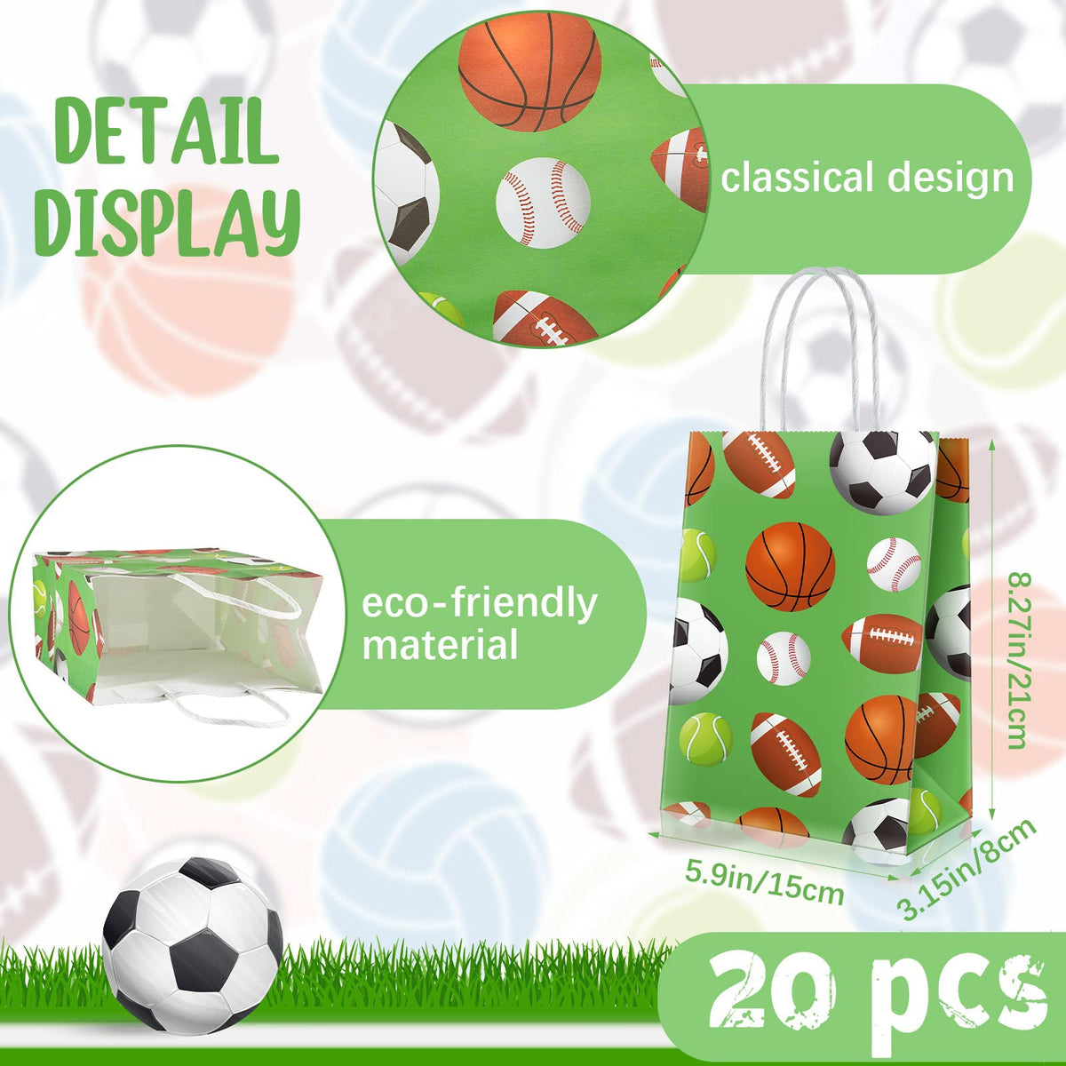 Epakh 20 Pcs Sports Party Favor Bags Football Goodie Gift Bag with Handles for Soccer Baseball Basketball Football Sports Themed Birthday Baby Shower Party Supplies Decorations
