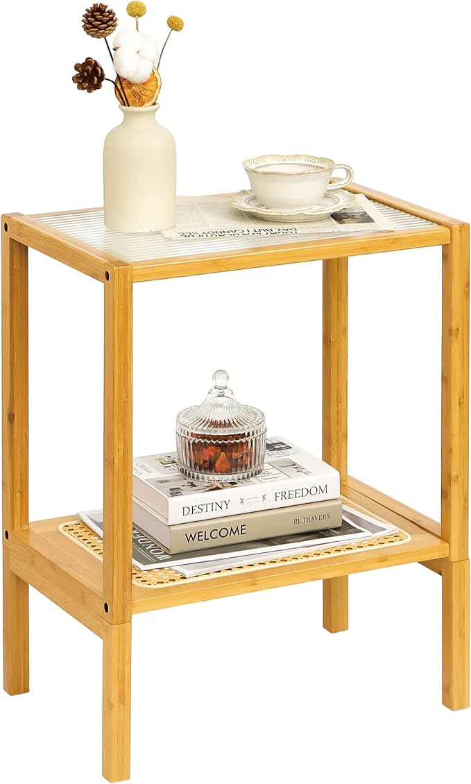 2-Tier Bamboo Side Table, Modern Glasstop Rattan Side Table, Mid Century Wood