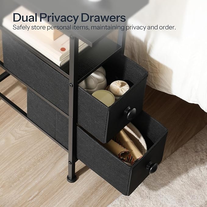 HOOBRO End Table with Charging Station, Narrow Side Table with 2 Fabric Drawers