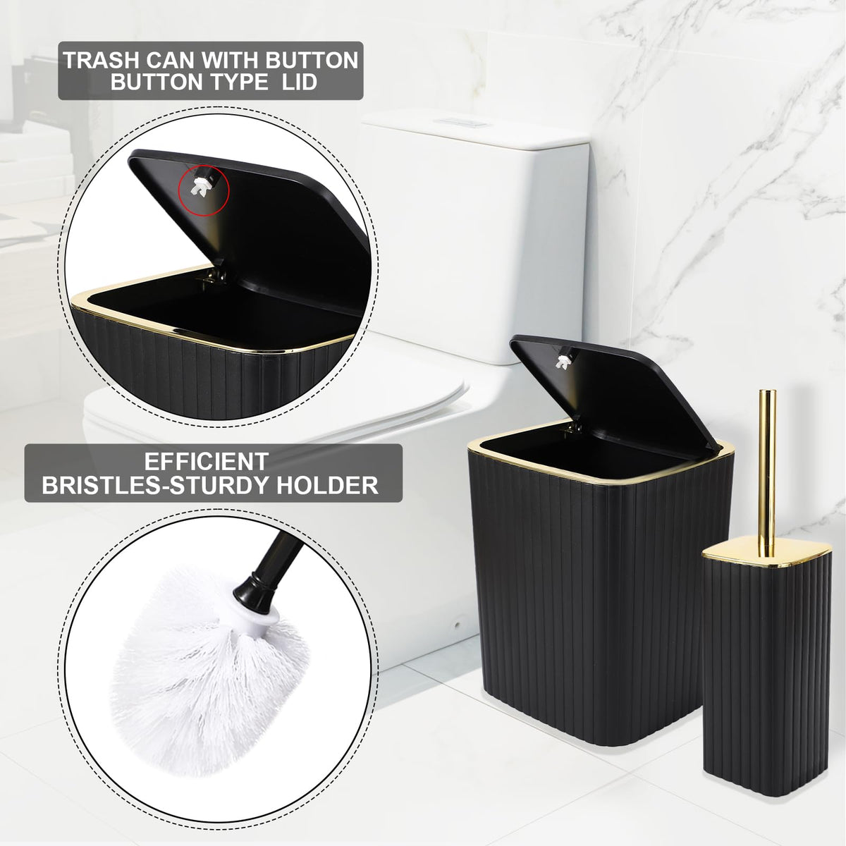 XLHOMO Bathroom Accessories Set - Gorgeous Black Bathroom Set, 10PC Bathroom Accessory Set, Toilet Brush, Trash Can, Qtip Holder & Soap Dispenser