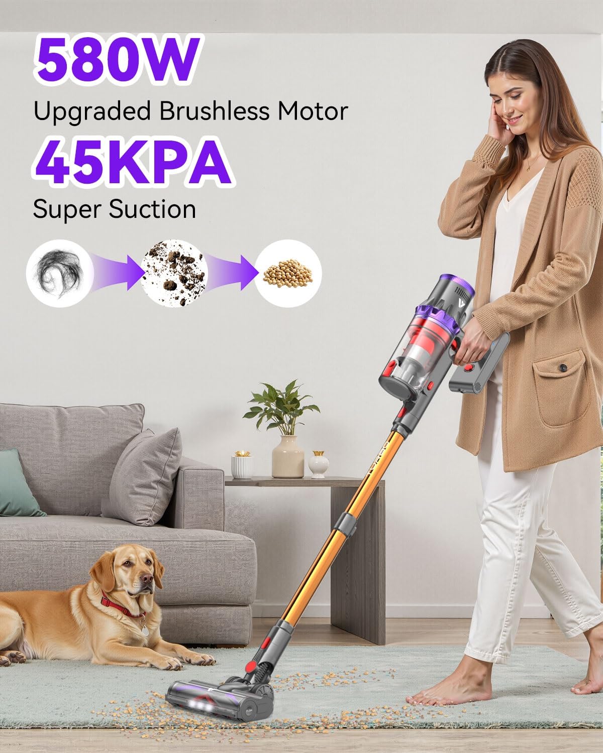 Coovy Cordless Vacuum Cleaner SU7, 580W 45Kpa 75 Minutes Runtime Stick Vacuum with Touch Screen, Anti-Tangle Wireless Powerful Lightweight Vac for Home Pet Hair Carpet Hardwood, Gold