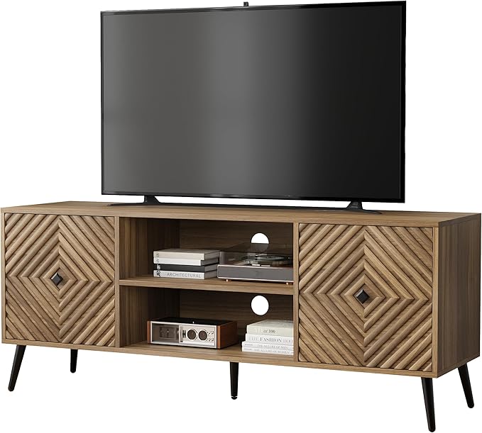 Smuxee Walnut TV Stand with Fluted Diamond Doors, 55.12" Mid Century Modern TV