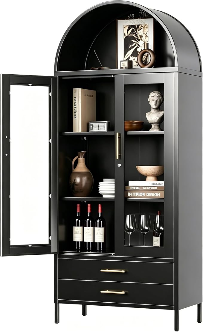 73" Tall Display Cabinet with Glass Doors and 2 Drawers, Metal Arched Cabinet