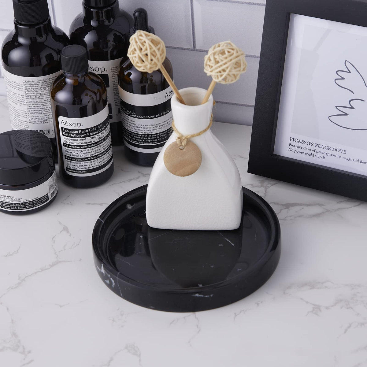 PHINILUX 100% Carved Marble Round Vanity Tray 5.5'', for Kitchen Bathroom Countertop, Nightstand Decor, Candle Holder, Jewelry Rind Dish, Trinket Plate, Table Accents, Black