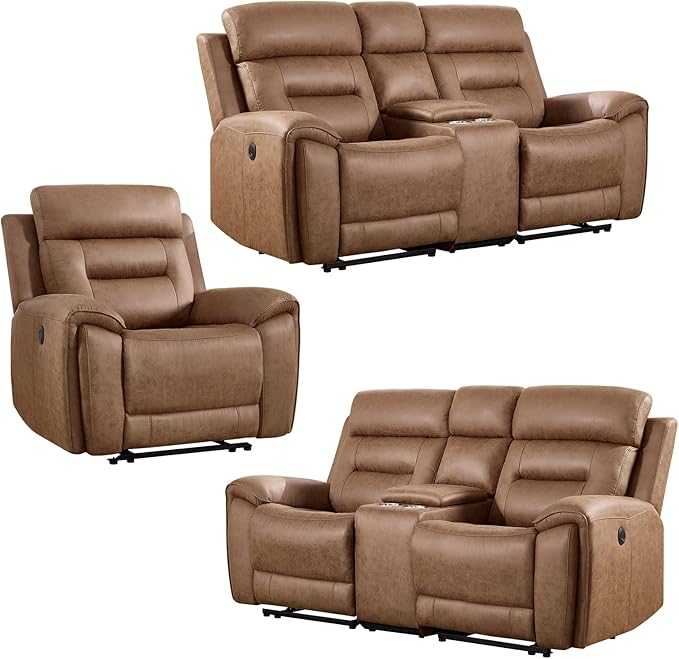 ANJ 3-Piece Faux Leather Power Recliner Sofa Set