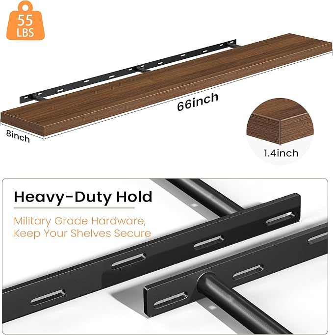 Fun Memories Floating Shelves for Wall, 66 Inch Long Set of 2 Rustic Wood Wall
