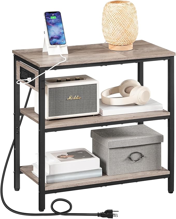 HOOBRO End Table with Charging Station, Simple Rustic Side Table with 3-Tier