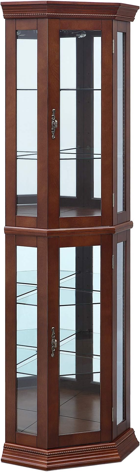 BELLEZE Lighted Wooden Corner Display Curio Cabinet, Two Section Shelving Unit