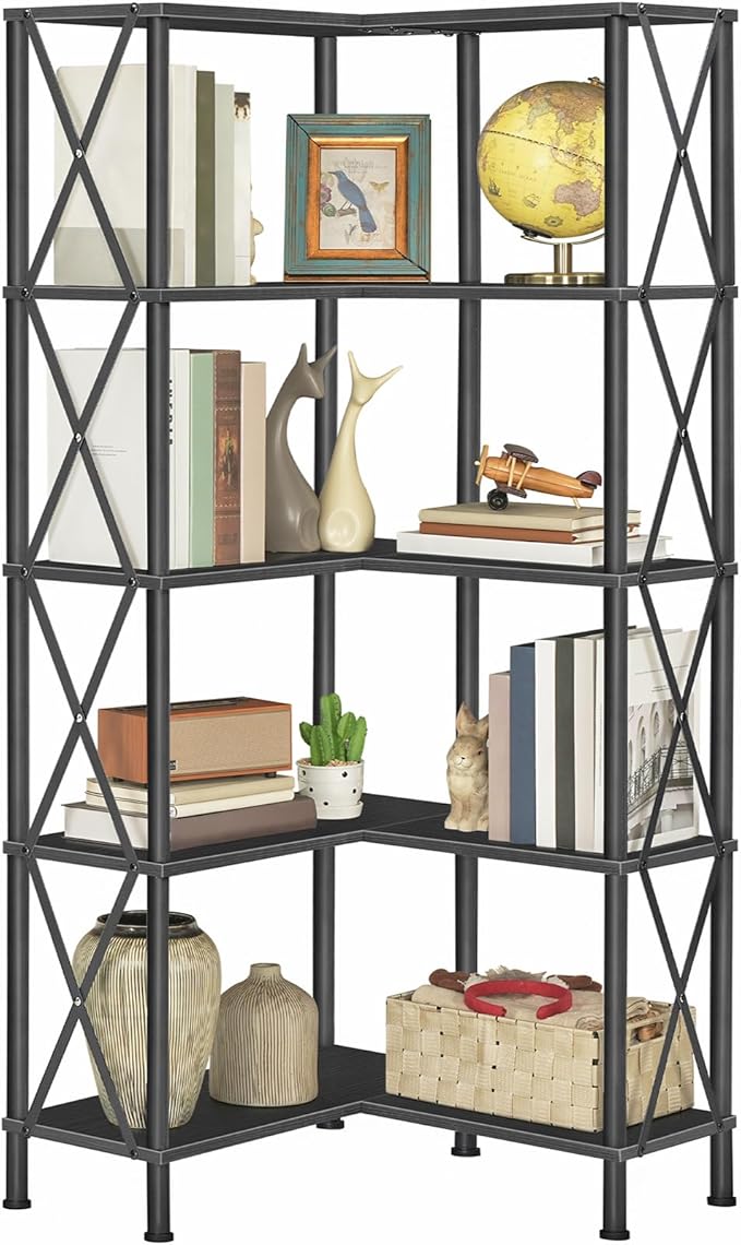 HOOBRO Corner Bookshelf, 5-Tier L-Shaped Bookcase, Industrial Open Display