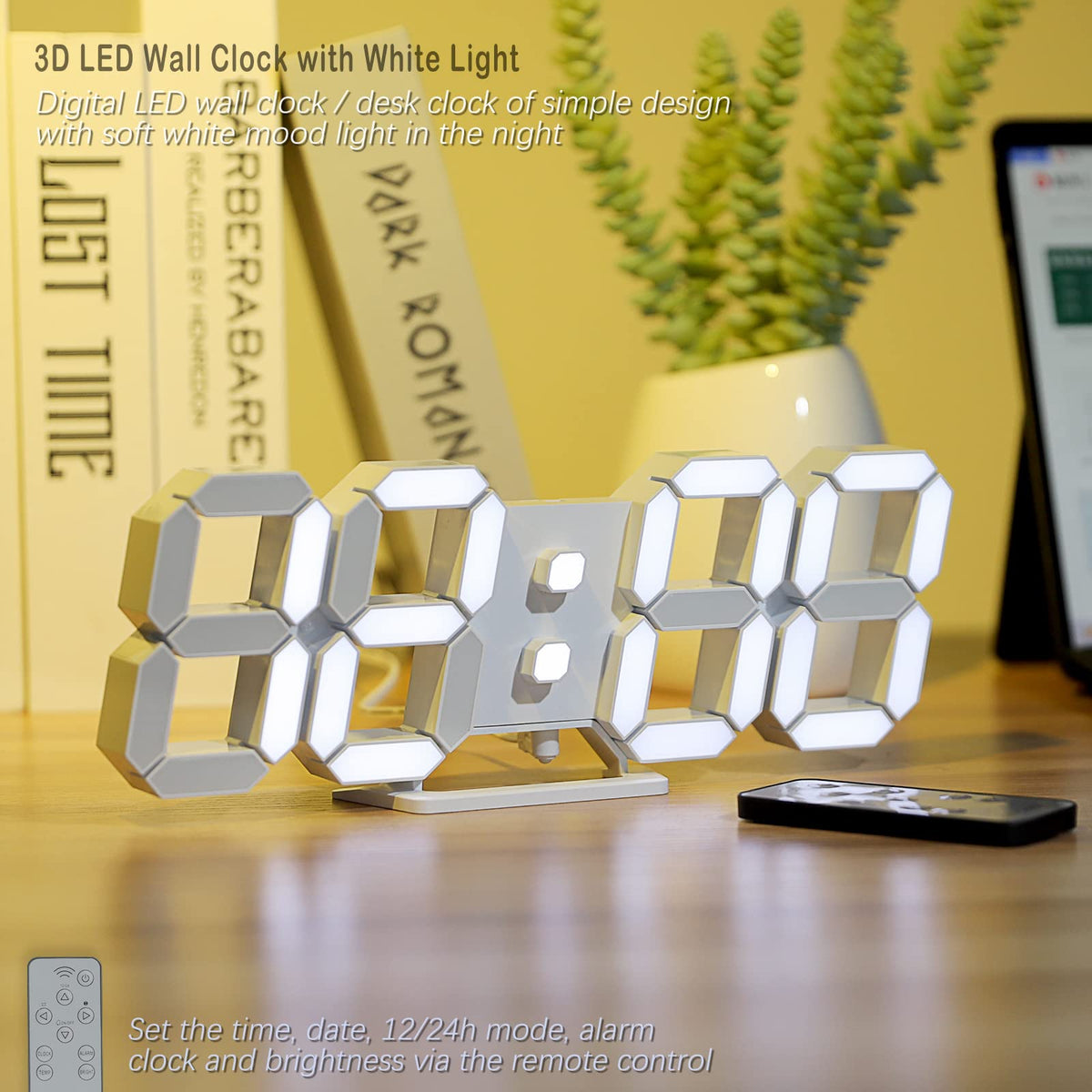 KOSUMOSU 3D LED Digital Wall Clock ,9.7", Large Display Table/ Desk Clock with Remote Control 12/24H Temperature (White Light)