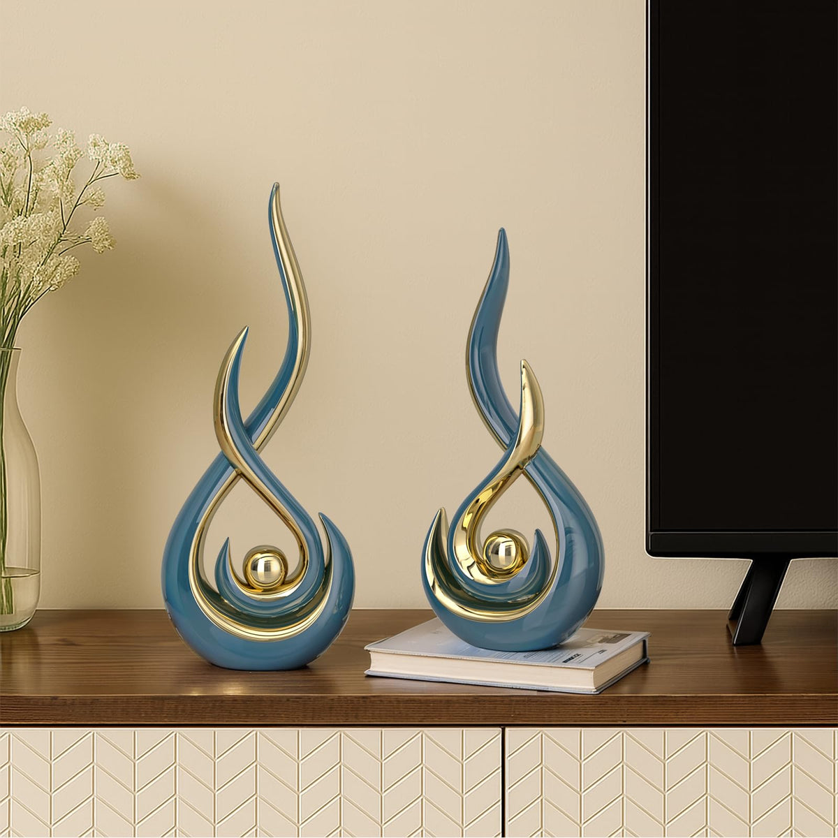 Teal Modern Abstract Art Home Decor Accent,Contemporary Statues Coffee Table Decor for Living Room,Table Centerpieces for Dining Room,Ceramic Sculptures Knick Knacks for TV Stand Show Piece (Green)