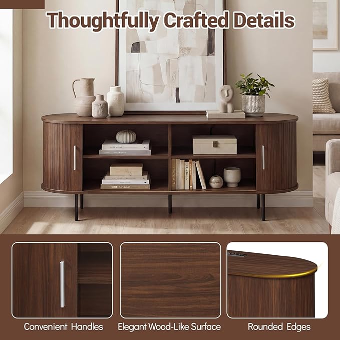 Tangkula Fluted TV Stand for TVs up to 60”, Mid Century Curved Entertainment