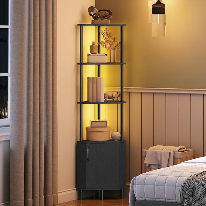 HOOBRO Corner Cabinet with LED Light, Corner Shelf Stand with Storage and Doors