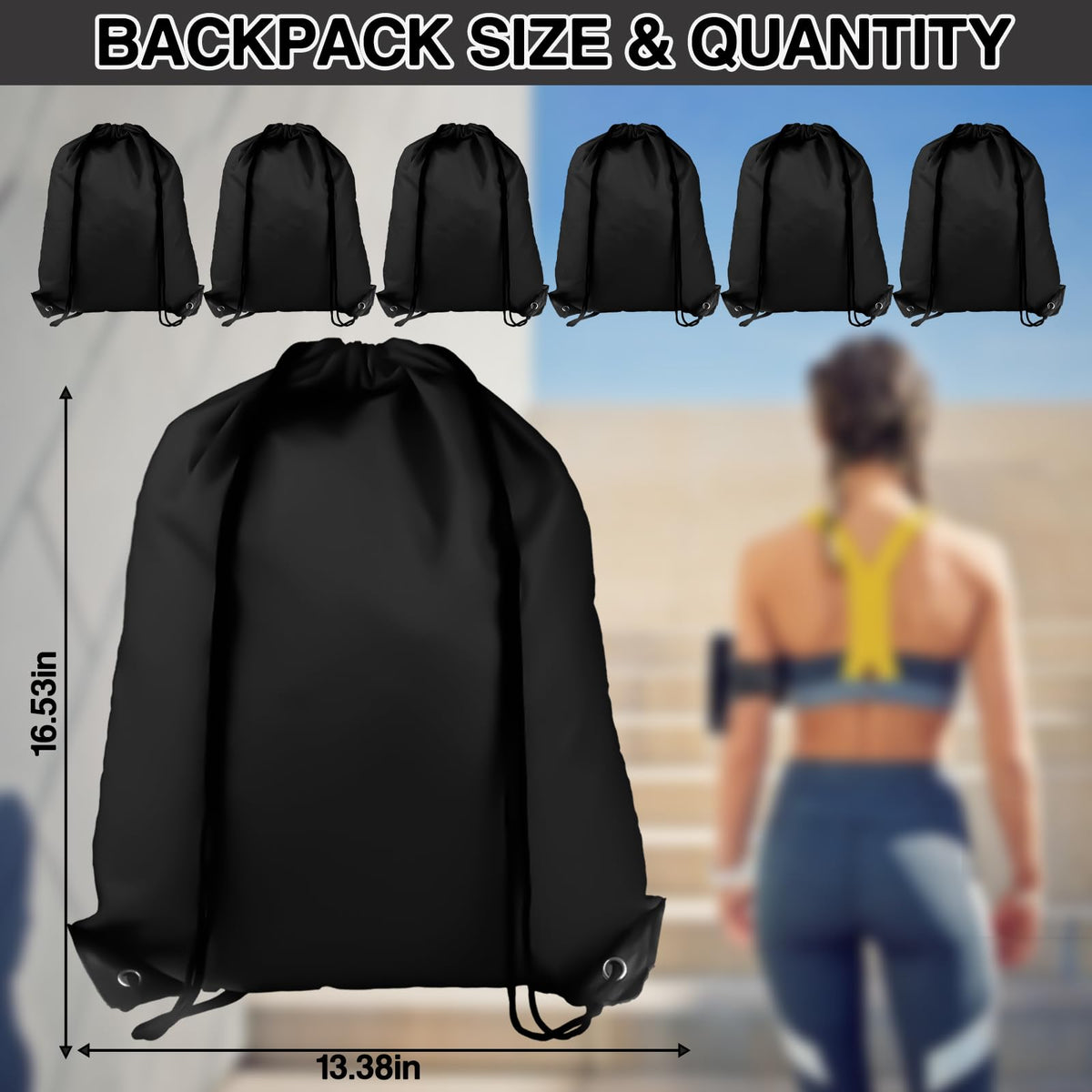COIDEA 6Pcs Drawstring Backpacks, Medium, Black, Sports, Gym, Travel, Swimming, Beach (CBT6809-HSCSBB-X6)